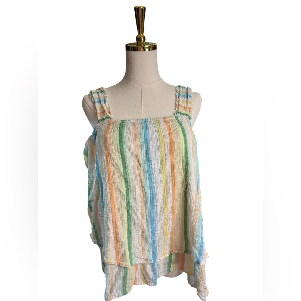 Pastel Striped Tank Top - Yellow Blue Pink Green Silver Embellishment Size 18 20